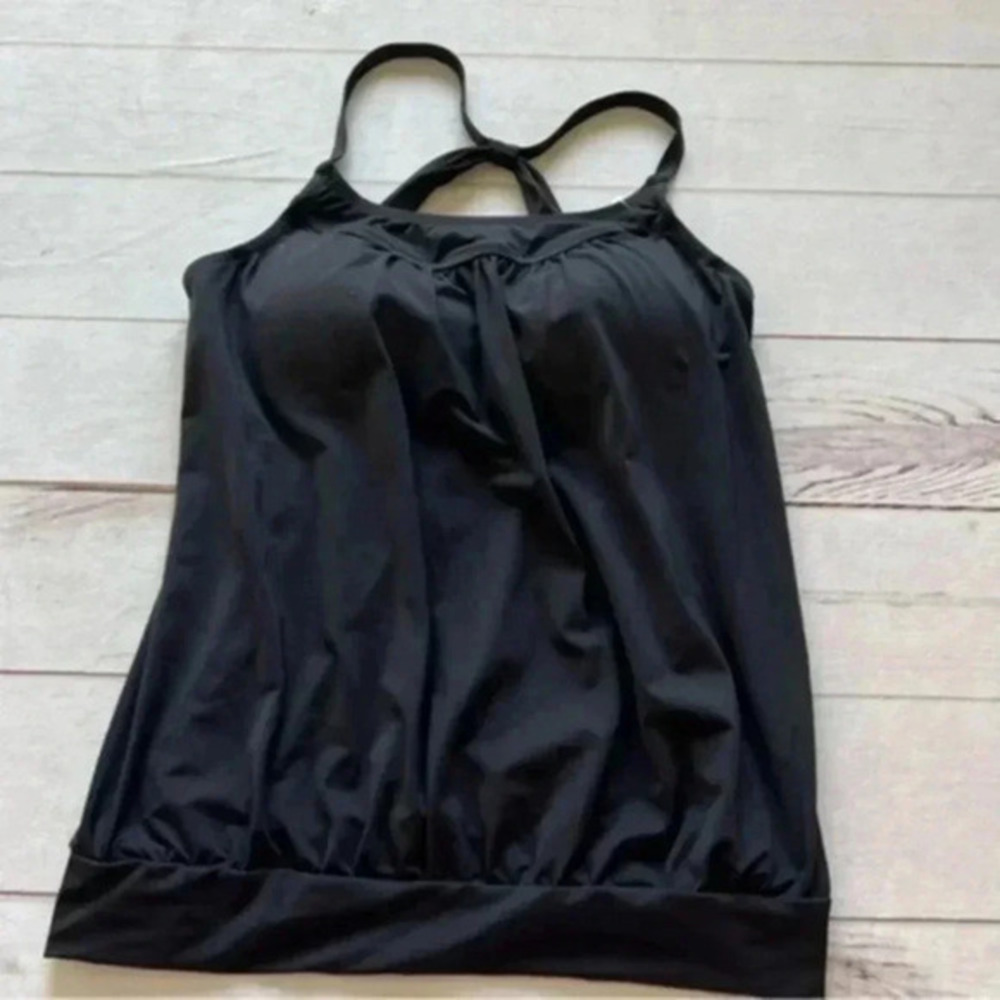 Lands End Black Tummy Hiding Tankini Swimsuit Top Adjustable Strap Women…